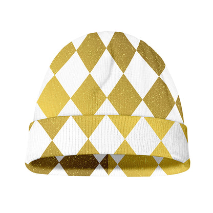 White And Gold Harlequin Pattern Print Beanie