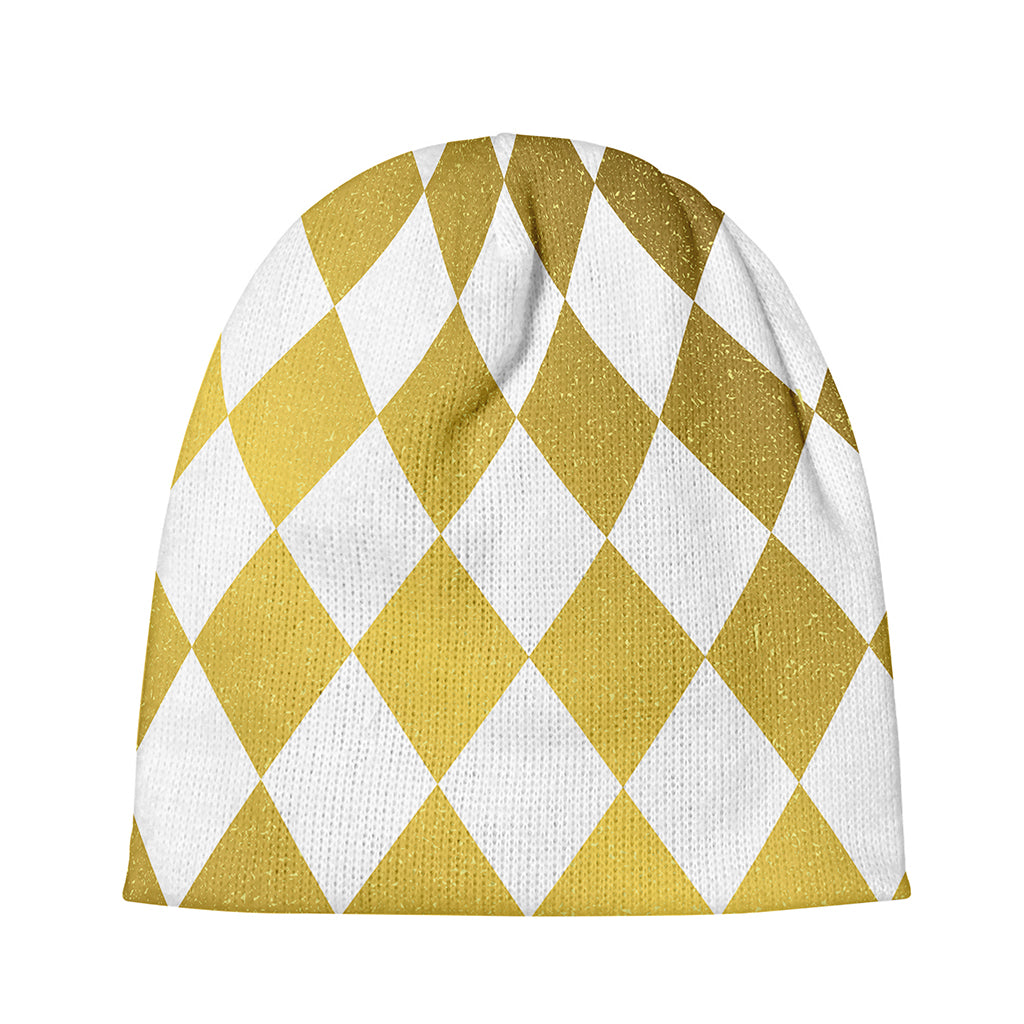 White And Gold Harlequin Pattern Print Beanie