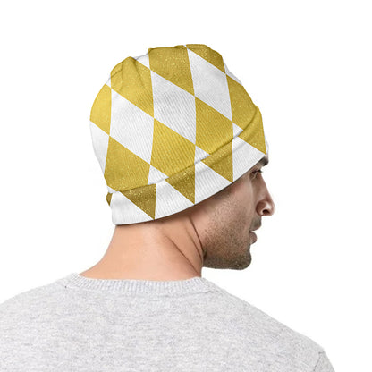 White And Gold Harlequin Pattern Print Beanie