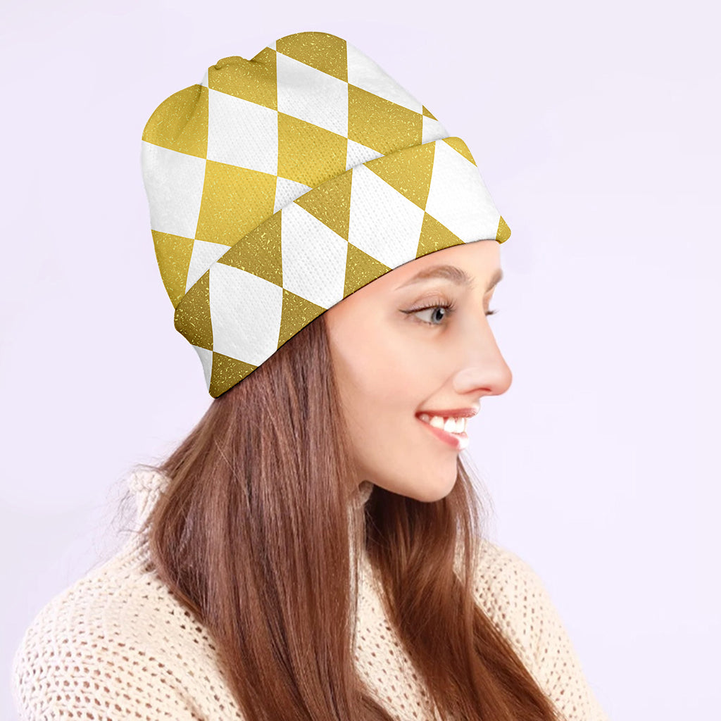 White And Gold Harlequin Pattern Print Beanie