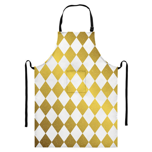 White And Gold Harlequin Pattern Print Bib Apron With Pocket