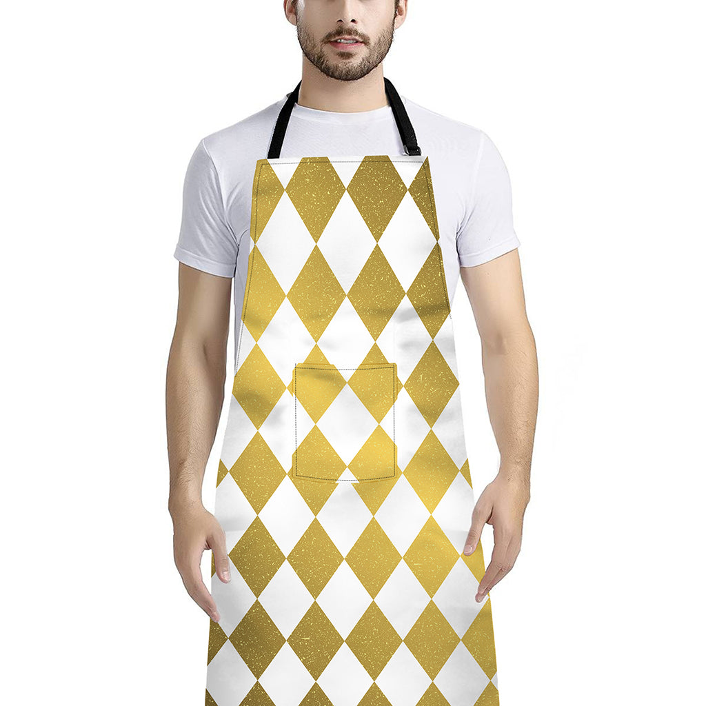 White And Gold Harlequin Pattern Print Bib Apron With Pocket
