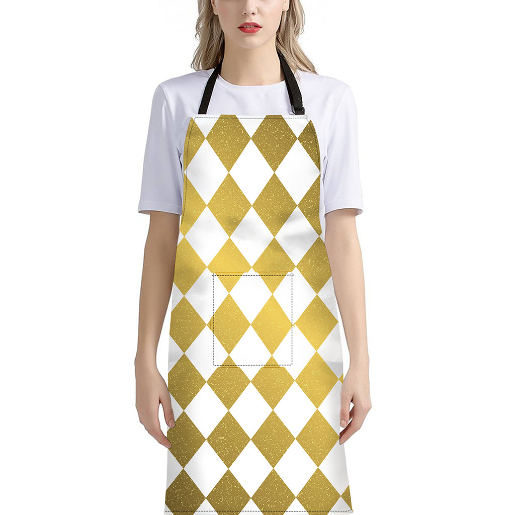 White And Gold Harlequin Pattern Print Bib Apron With Pocket