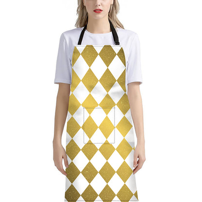 White And Gold Harlequin Pattern Print Bib Apron With Pocket