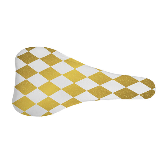 White And Gold Harlequin Pattern Print Bicycle Seat Cover
