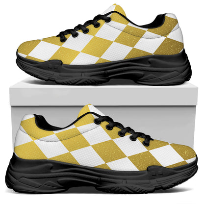 White And Gold Harlequin Pattern Print Black Chunky Shoes