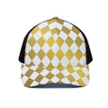 White And Gold Harlequin Pattern Print Black Mesh Trucker Hat