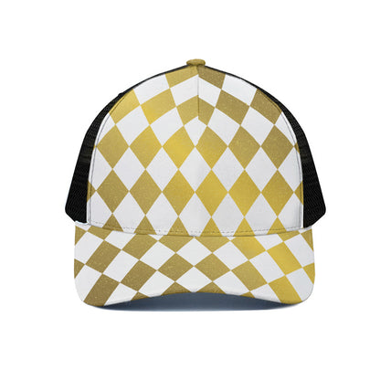 White And Gold Harlequin Pattern Print Black Mesh Trucker Cap