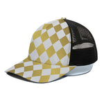 White And Gold Harlequin Pattern Print Black Mesh Trucker Cap