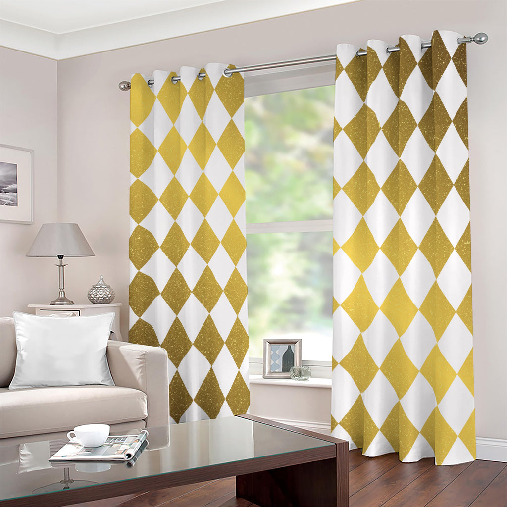 White And Gold Harlequin Pattern Print Blackout Grommet Curtains