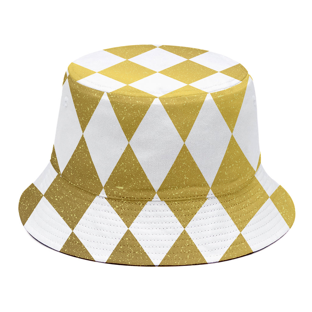 White And Gold Harlequin Pattern Print Bucket Hat