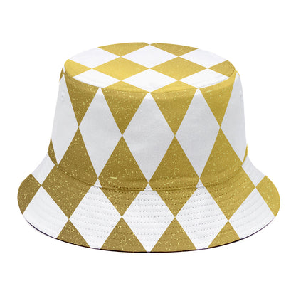 White And Gold Harlequin Pattern Print Bucket Hat