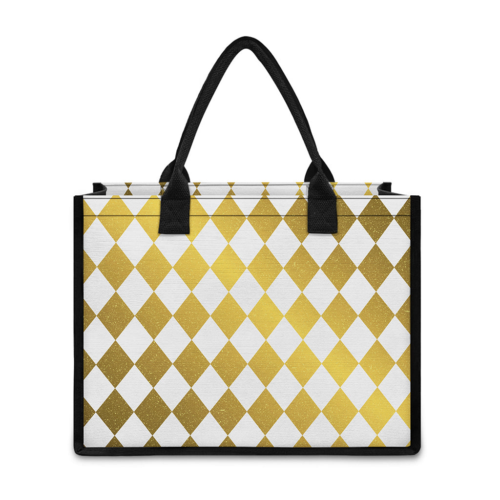 White And Gold Harlequin Pattern Print Canvas Tote Bag