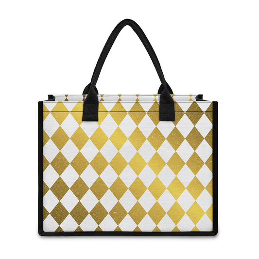 White And Gold Harlequin Pattern Print Canvas Tote Bag