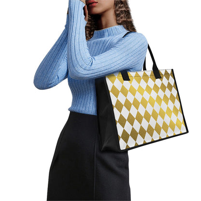 White And Gold Harlequin Pattern Print Canvas Tote Bag