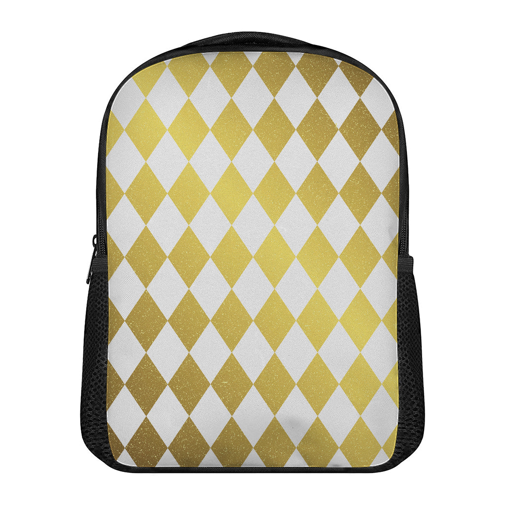 White And Gold Harlequin Pattern Print Casual Backpack