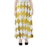 White And Gold Harlequin Pattern Print Chiffon Maxi Skirt