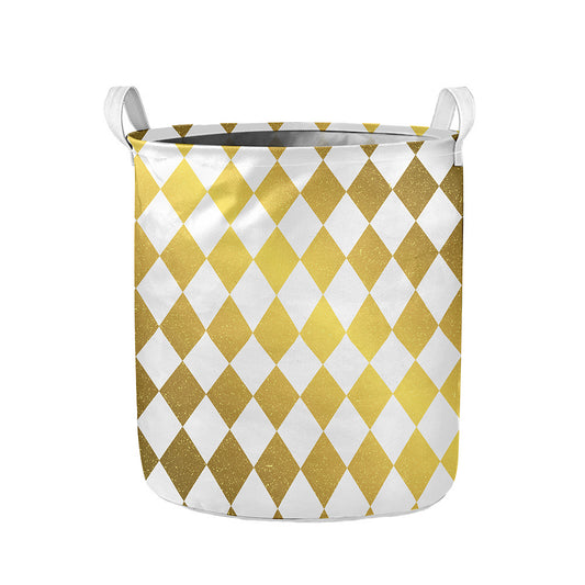 White And Gold Harlequin Pattern Print Collapsible Laundry Basket