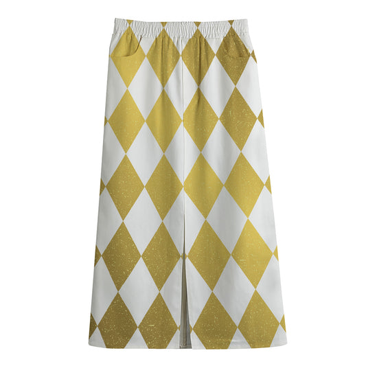 White And Gold Harlequin Pattern Print Cotton Front Slit Maxi Skirt