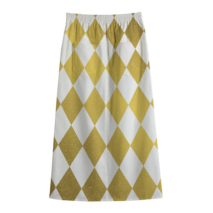 White And Gold Harlequin Pattern Print Cotton Front Slit Maxi Skirt