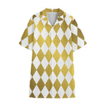 White And Gold Harlequin Pattern Print Cotton Hawaiian Shirt