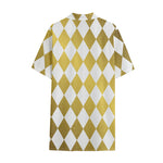 White And Gold Harlequin Pattern Print Cotton Hawaiian Shirt