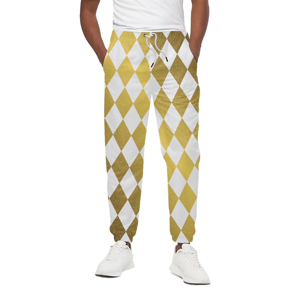 White And Gold Harlequin Pattern Print Cotton Pants