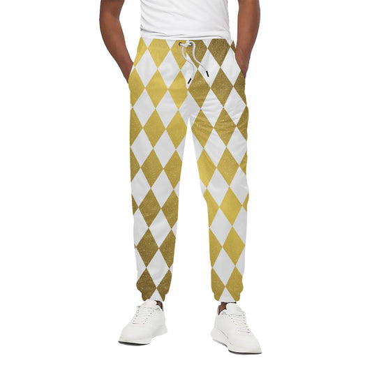 White And Gold Harlequin Pattern Print Cotton Pants