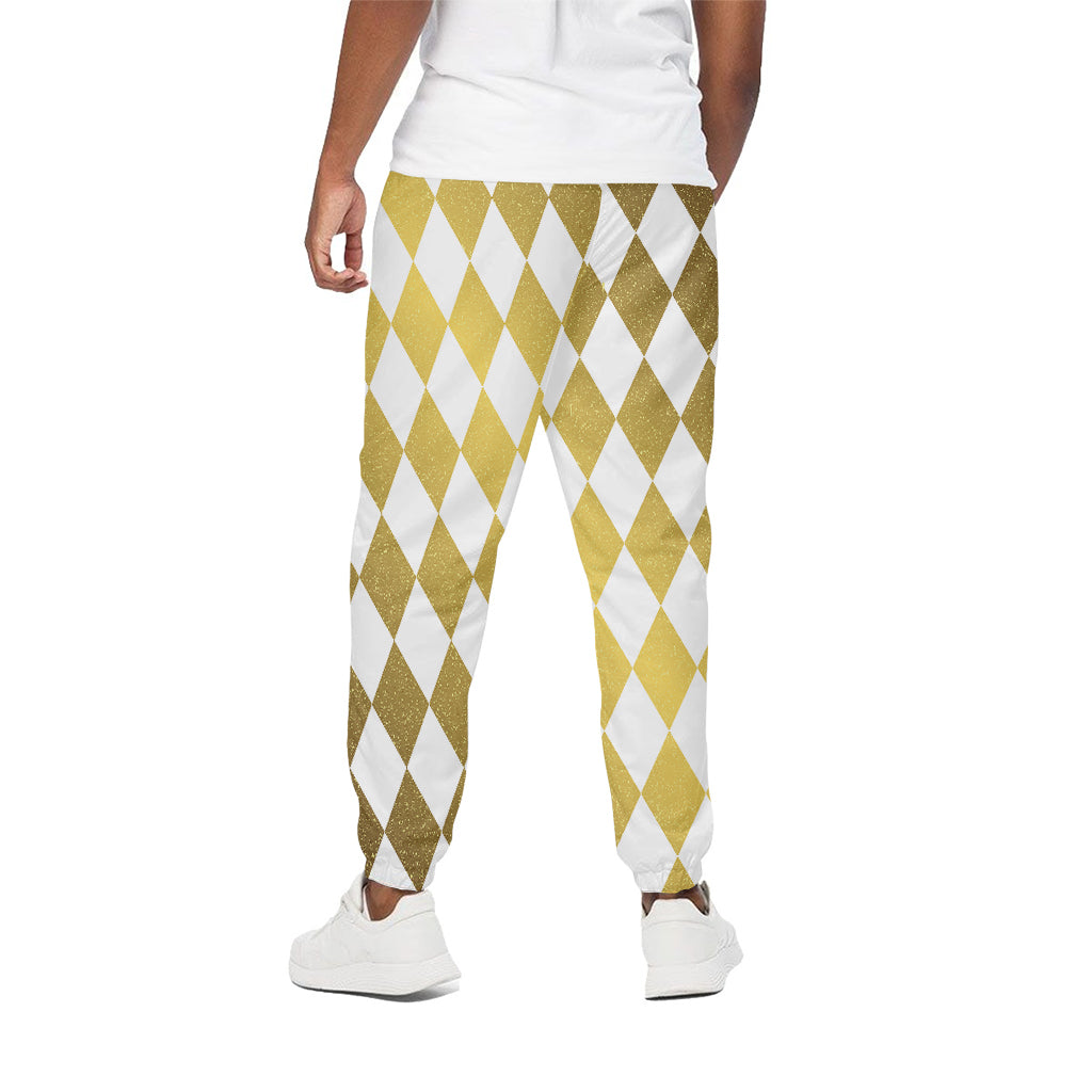 White And Gold Harlequin Pattern Print Cotton Pants