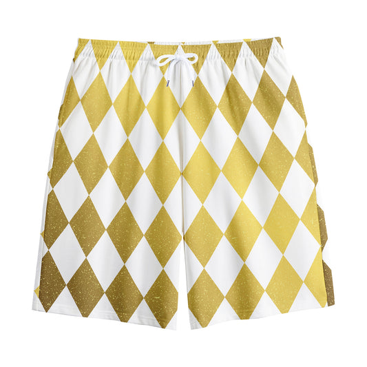 White And Gold Harlequin Pattern Print Cotton Shorts