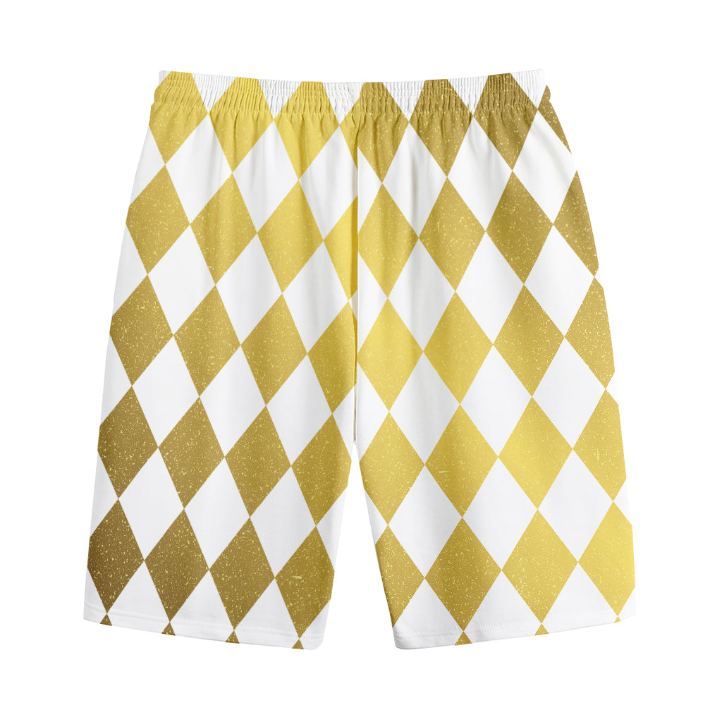 White And Gold Harlequin Pattern Print Cotton Shorts