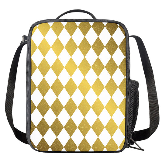 White And Gold Harlequin Pattern Print Crossbody Lunch Bag