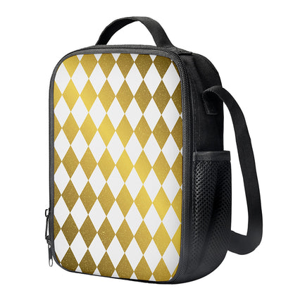 White And Gold Harlequin Pattern Print Crossbody Lunch Bag