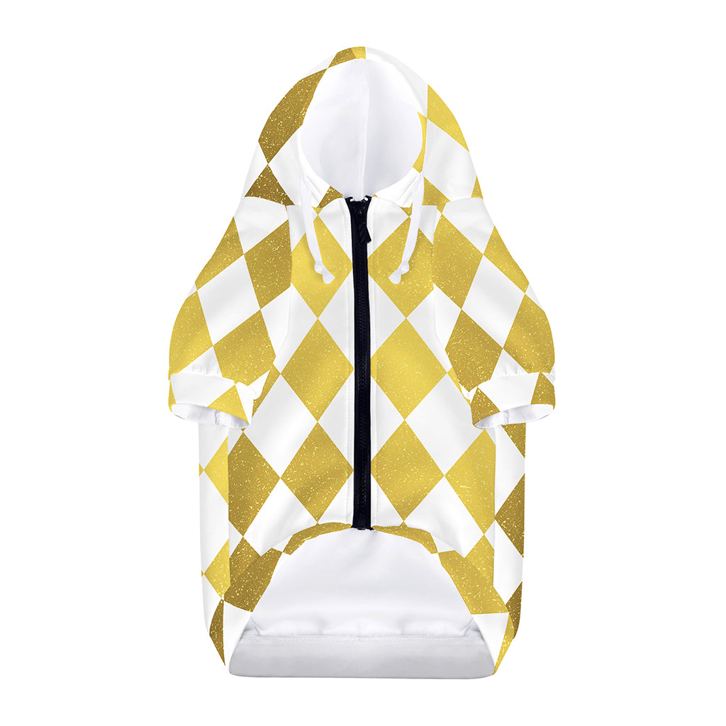 White And Gold Harlequin Pattern Print Dog Zip Up Hoodie