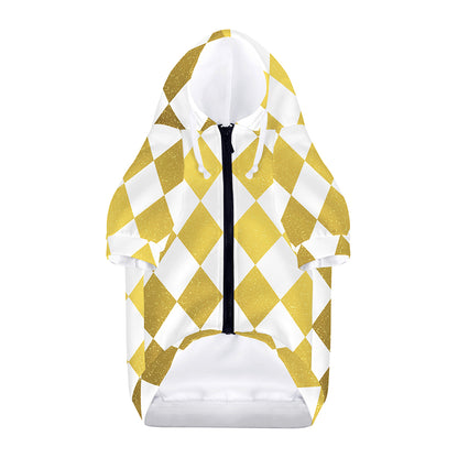 White And Gold Harlequin Pattern Print Dog Zip Up Hoodie