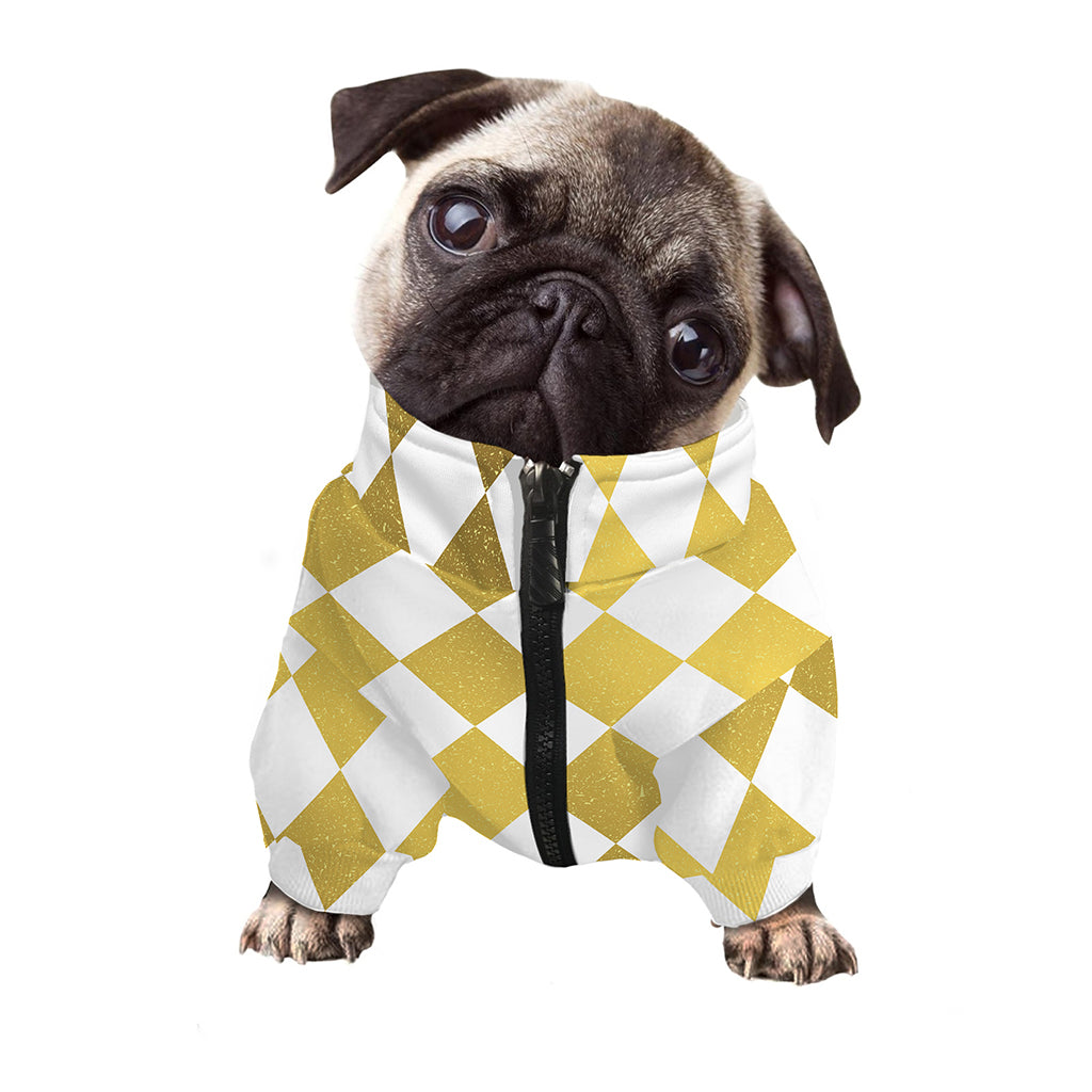 White And Gold Harlequin Pattern Print Dog Zip Up Jacket