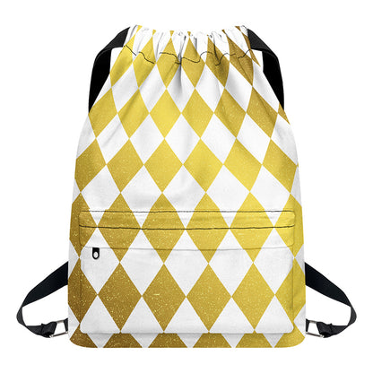 White And Gold Harlequin Pattern Print Drawstring Backpack