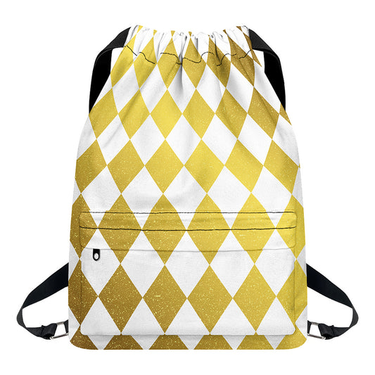 White And Gold Harlequin Pattern Print Drawstring Backpack