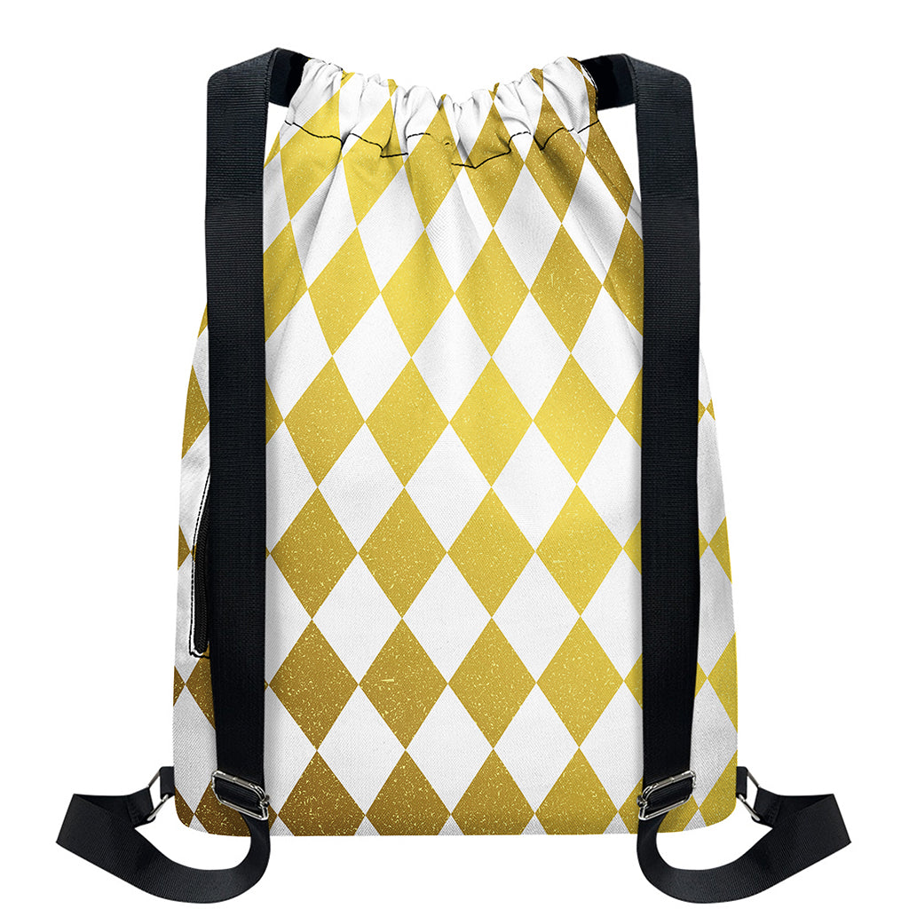 White And Gold Harlequin Pattern Print Drawstring Backpack