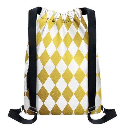 White And Gold Harlequin Pattern Print Drawstring Backpack