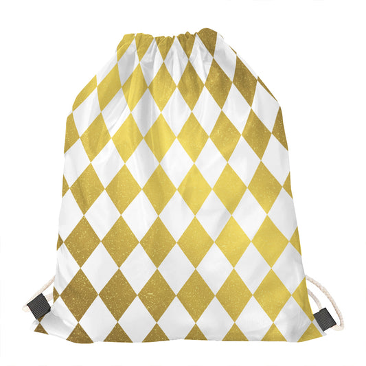 White And Gold Harlequin Pattern Print Drawstring Bag