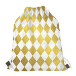White And Gold Harlequin Pattern Print Drawstring Bag