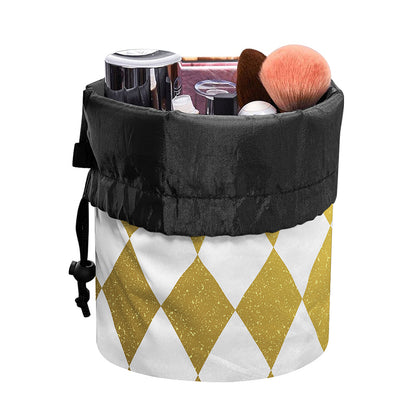 White And Gold Harlequin Pattern Print Drawstring Makeup Bag
