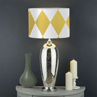 White And Gold Harlequin Pattern Print Drum Lamp Shade