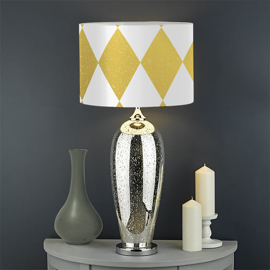 White And Gold Harlequin Pattern Print Drum Lamp Shade