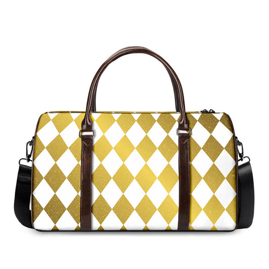 White And Gold Harlequin Pattern Print Duffle Bag