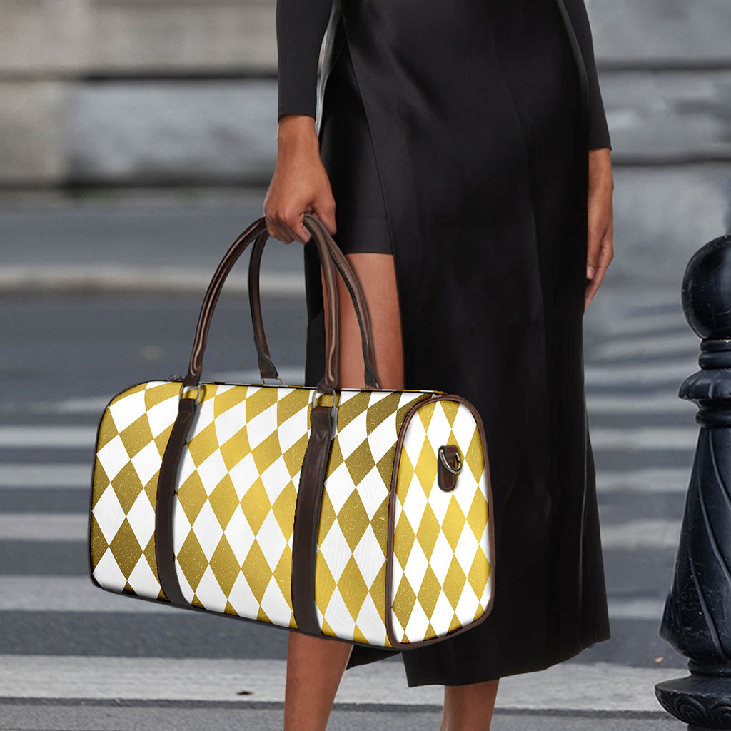 White And Gold Harlequin Pattern Print Duffle Bag