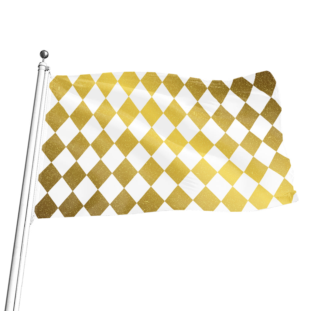 White And Gold Harlequin Pattern Print Flag