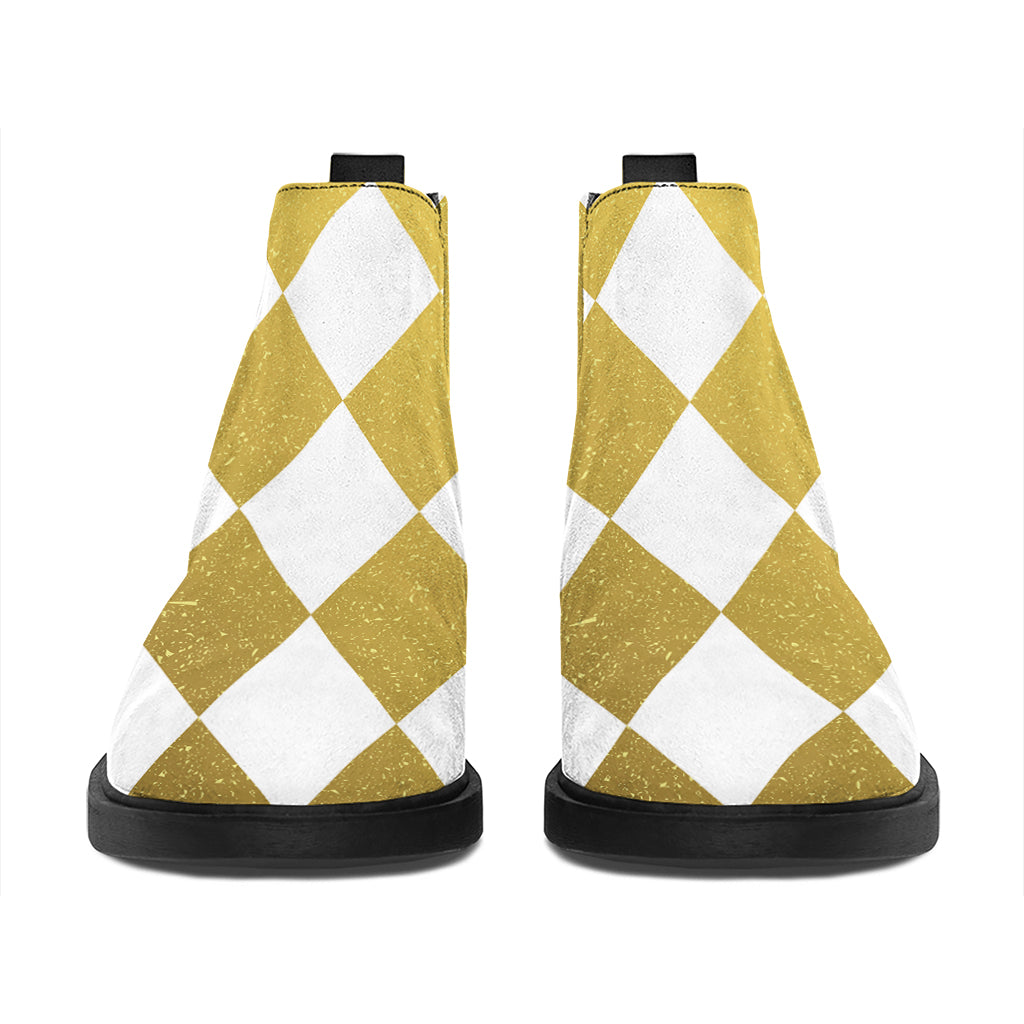 White And Gold Harlequin Pattern Print Flat Ankle Boots