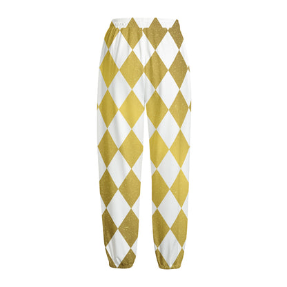 White And Gold Harlequin Pattern Print Fleece Lined Knit Pants